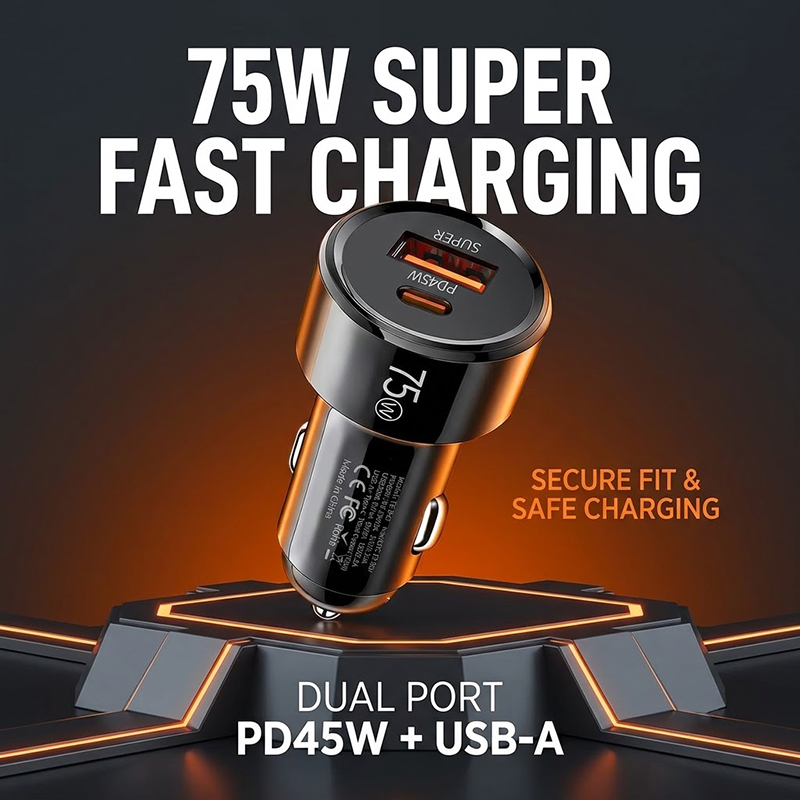 Usb C Power Adapter - 75W Dual Port Autolader PD 45W
